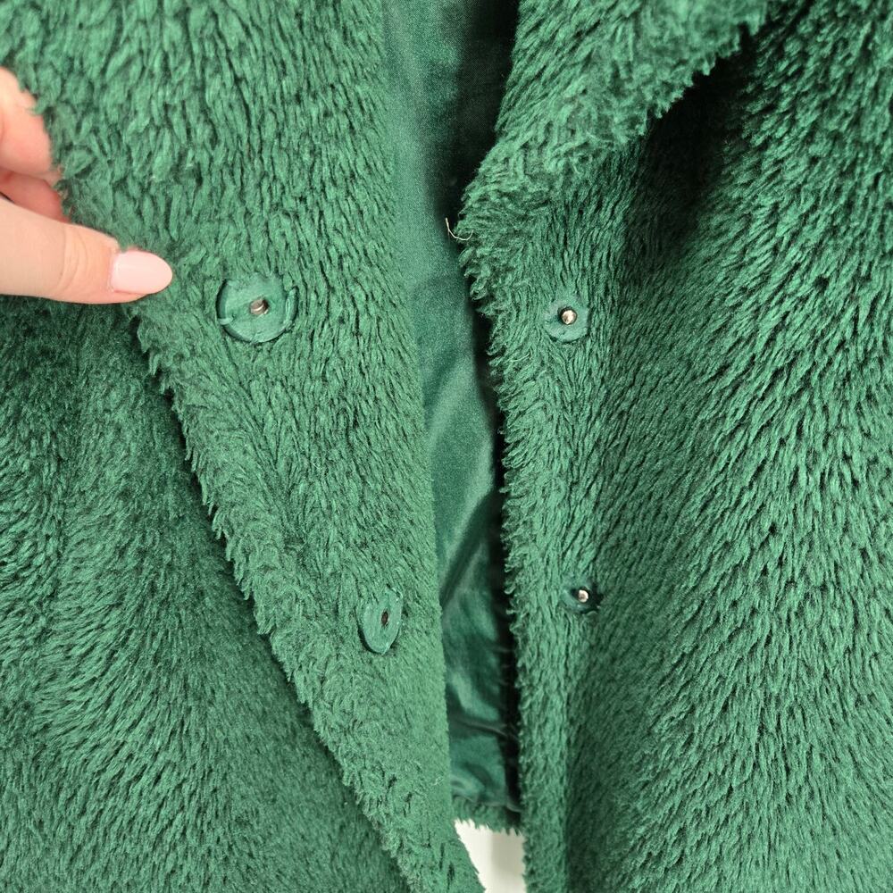 French Connection Medium Green Faux Fur Teddy Coat Collared Emerald Warm Cozy - Picture 5 of 6